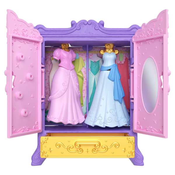 mattel Disney Princess Royal Wardrobe Set With Ariel & Tiana Small Dolls 4 Fashions 2 Animals & 4 Accy