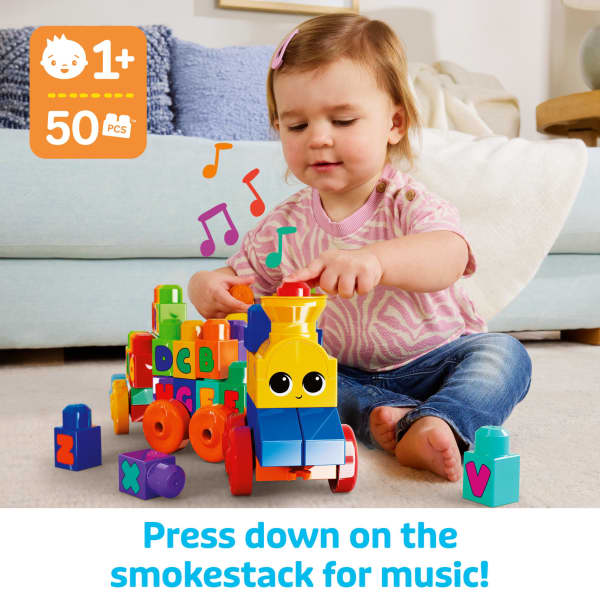 mattel First Builders ABC Musical Train Toy Building Blocks With Music (50 Pieces) For Toddler
