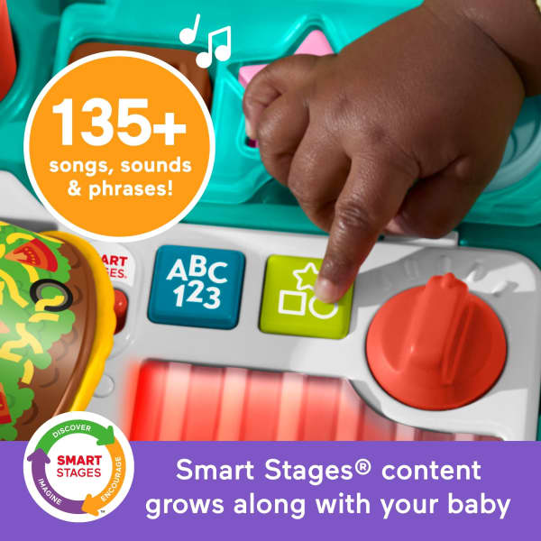 Mattel Fisher-Price Laugh & Learn 4-In-1 Snack Cart Push Walker Baby & Toddler Learning Toy 14 Play Pieces Multilanguage Version