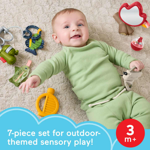 mattel Fisher-Price Mini Me Moments Camp & Crinkle Gift Set 7-Piece Fishing & Hiking Baby Activity Toys
