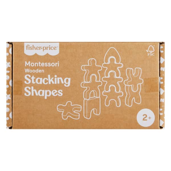 Mattel Fisher-Price Montessori Wooden Stacking Shapes Set Of 16 Wood Pieces For Toddlers & Kids