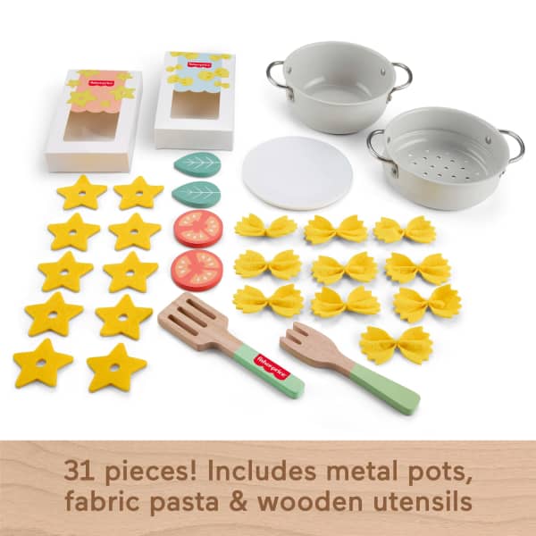 Mattel Fisher-Price Pots & Pasta Chef Set Cooking Toy With Wooden Food For Pretend Play 31 Pieces