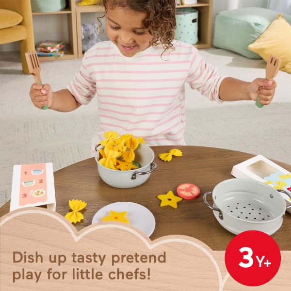 mattel Fisher-Price Pots & Pasta Chef Set Cooking Toy With Wooden Food For Pretend Play 31 Pieces