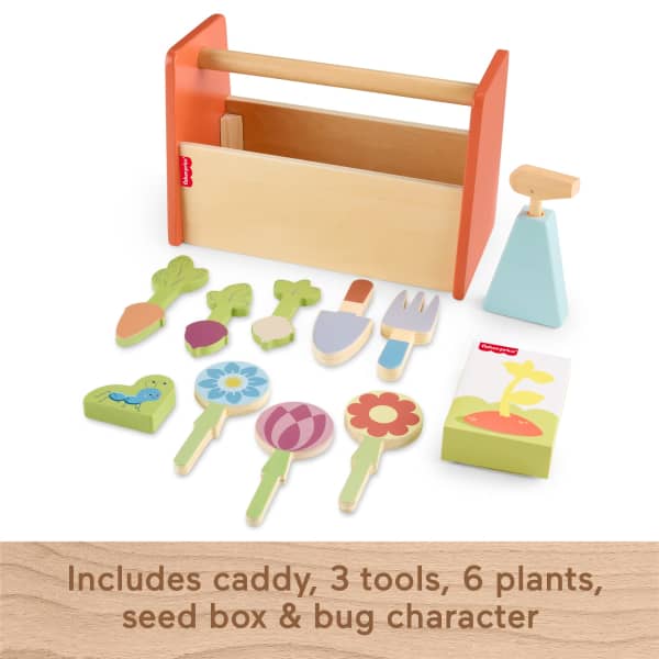 Mattel Fisher-Price Tiny Garden Wooden Garden Caddy Pretend Play Set With Tools For Kids 12 Wood Pieces