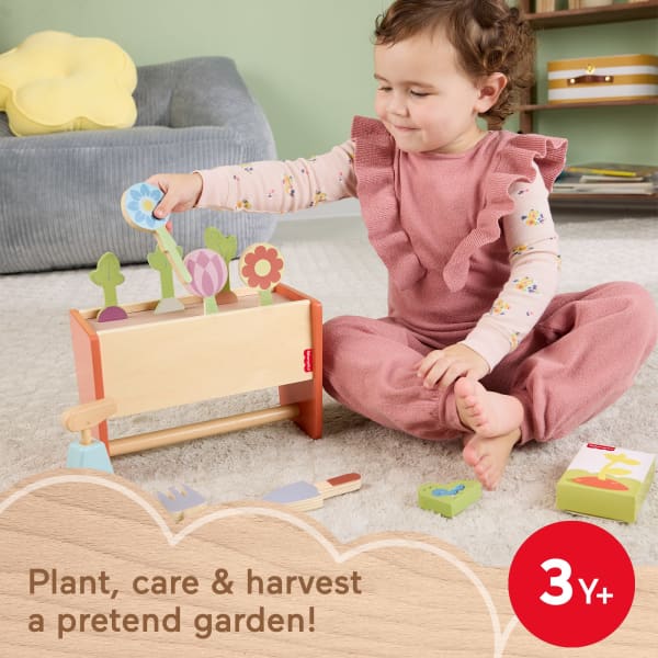 mattel Fisher-Price Tiny Garden Wooden Garden Caddy Pretend Play Set With Tools For Kids 12 Wood Pieces