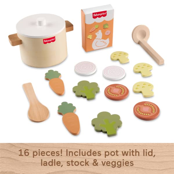 mattel Fisher-Price Tiny Garden Wooden Veggie Soup Pretend Kitchen Play Set For Kids 16 Wood Pieces