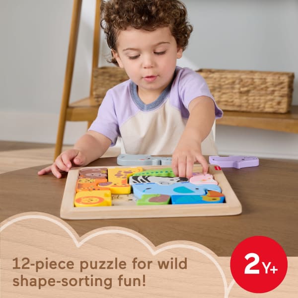 mattel Fisher-Price Wooden Animal Puzzle Shape-Sorting Activity For Kids 13 Wood Pieces