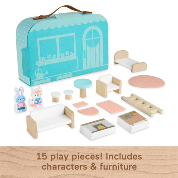 Mattel Fisher-Price Wooden Carry Along Dollhouse Portable Playset For Preschool Kids 15 Pieces