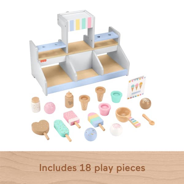 Mattel Fisher-Price Wooden Ice Cream Shop Set For Preschool Pretend Play 18 Wood Pieces