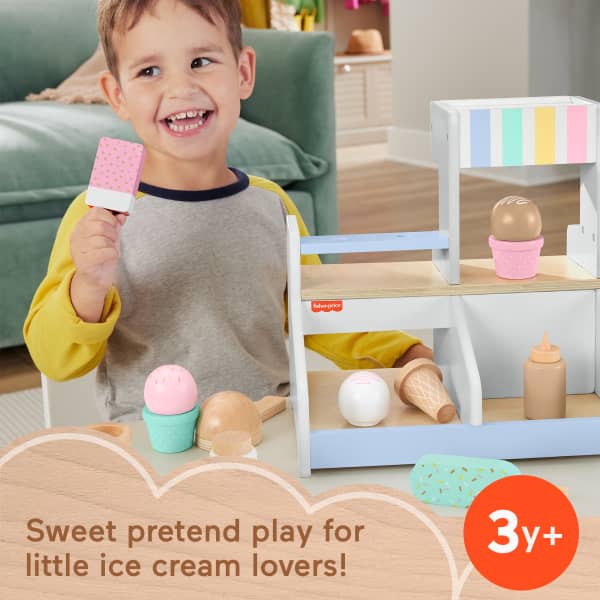 mattel Fisher-Price Wooden Ice Cream Shop Set For Preschool Pretend Play 18 Wood Pieces