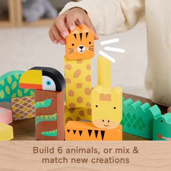 Mattel Fisher-Price Wooden Jungle Blocks Animal-Themed Building Set For Toddlers 50 Wood Pieces