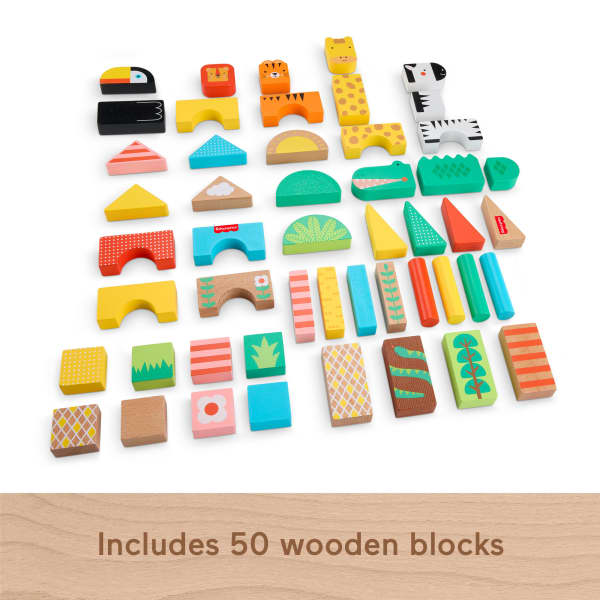 Mattel Fisher-Price Wooden Jungle Blocks Animal-Themed Building Set For Toddlers 50 Wood Pieces