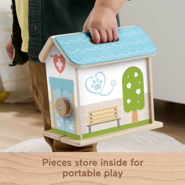 Mattel Fisher-Price Wooden On-The-Go Pet Animal Hospital With 6 Play Pieces For Preschool Kids
