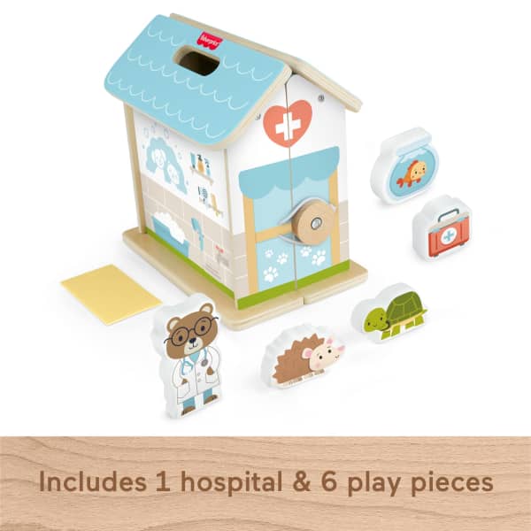 Mattel Fisher-Price Wooden On-The-Go Pet Animal Hospital With 6 Play Pieces For Preschool Kids