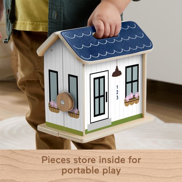 Mattel Fisher-Price Wooden On-The-Go Play House Dollhouse With 6 Play Pieces For Preschool Kids