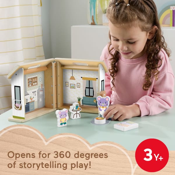 mattel Fisher-Price Wooden On-The-Go Play House Dollhouse With 6 Play Pieces For Preschool Kids