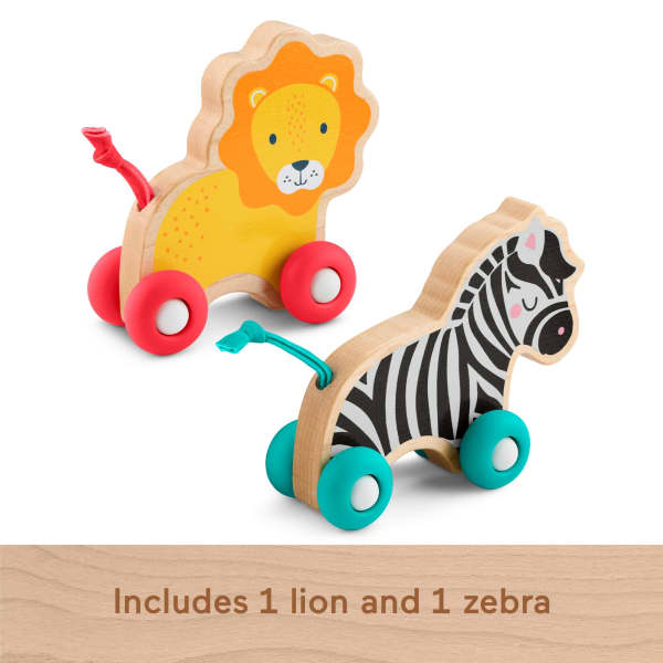 Mattel Fisher-Price Wooden Push Along Animals Lion & Zebra Toy Vehicles For Baby Crawling Play