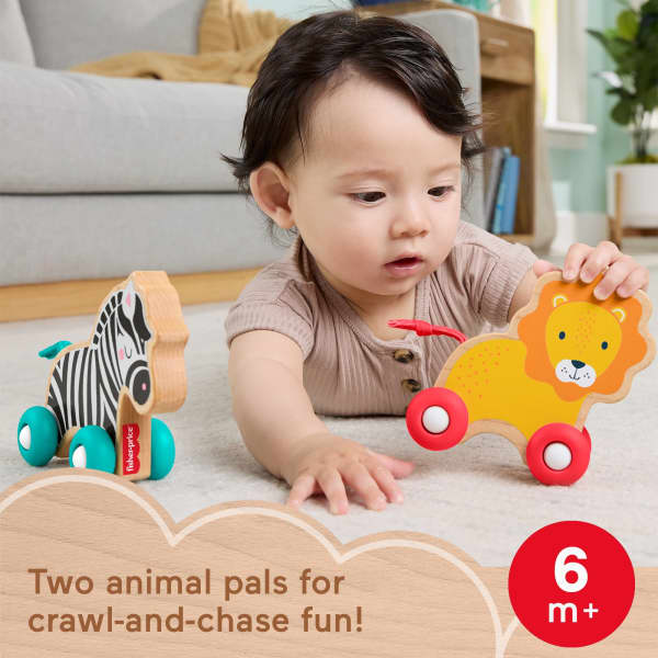 mattel Fisher-Price Wooden Push Along Animals Lion & Zebra Toy Vehicles For Baby Crawling Play