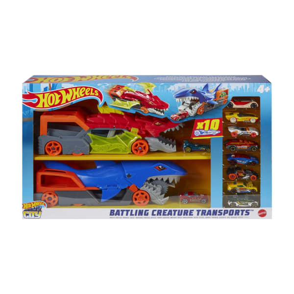 Mattel Hot Wheels City Battling Creature Transports Vehicle & 10 Die-Cast Toy Cars