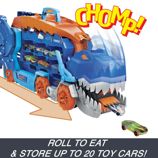 Mattel Hot Wheels City Ultimate T-Rex Transporter Hauler Transforms Into A Dino Featured In “Let's Race”