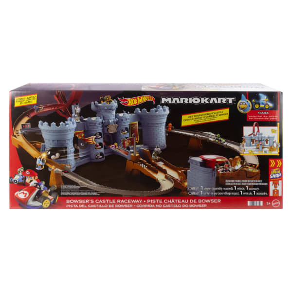 Mattel Hot Wheels Mario Kart Bowser's Castle Track Set With 1:64 Scale Die-Cast Kamek Toy Vehicle & Storage