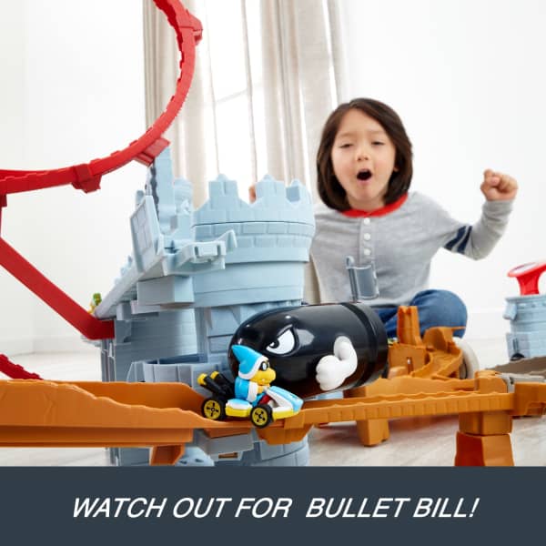 mattel Hot Wheels Mario Kart Bowser's Castle Track Set With 1:64 Scale Die-Cast Kamek Toy Vehicle & Storage