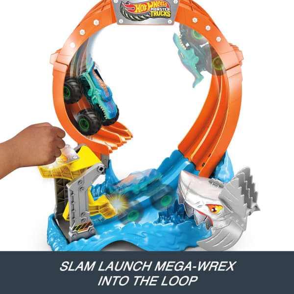Mattel Hot Wheels Monster Trucks Corkscrew Shark Smash Track Set & 1:64 Scale MEGA-Wrex Toy Truck