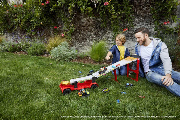 mattel Hot Wheels Monster Trucks Transporter And Track With 1:64 Scale Toy Truck