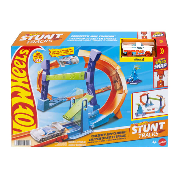 Mattel Hot Wheels Stunt Tracks Corkscrew Jump Champion Track Set & 1:64 Scale Toy Car Speed Snap Track