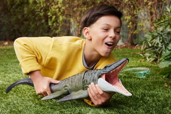 mattel Jurassic World Rebirth Bite N Blast Mosasaurus Action Figure And Mini Dilophosaurus Dinosaur Toy