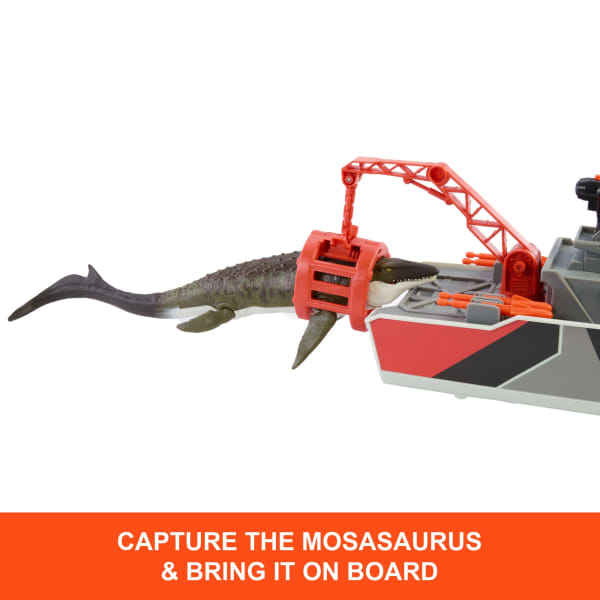 Mattel Matchbox Jurassic World Mosasaurus Rescue Action Boat Playset With Ship Dino Toy Car & Missiles