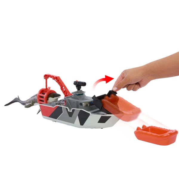 Mattel Matchbox Jurassic World Mosasaurus Rescue Action Boat Playset With Ship Dino Toy Car & Missiles