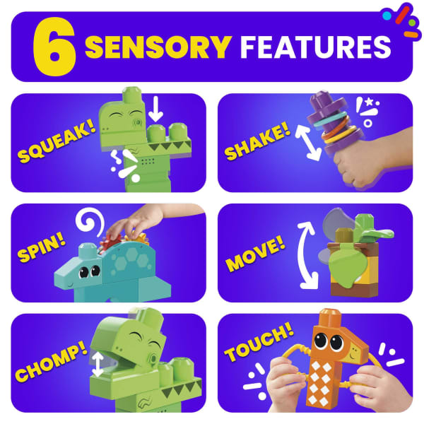 Mattel MEGA Bloks Squeak 'n Chomp Dinos Sensory Building Toys For Toddlers 1-3 (24 Pcs)