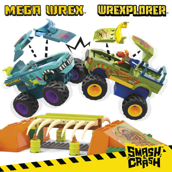 mattel MEGA Hot Wheels MEGA-Wrex Boneyard Stunt Course Building Toy With 2 Figures (332 Pieces)