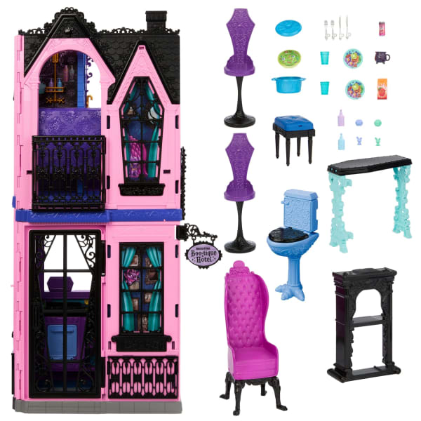 Mattel Monster High Boo-Tique Hotel Doll House With Spooky Surprises In EVery Room And 13+ Accessories