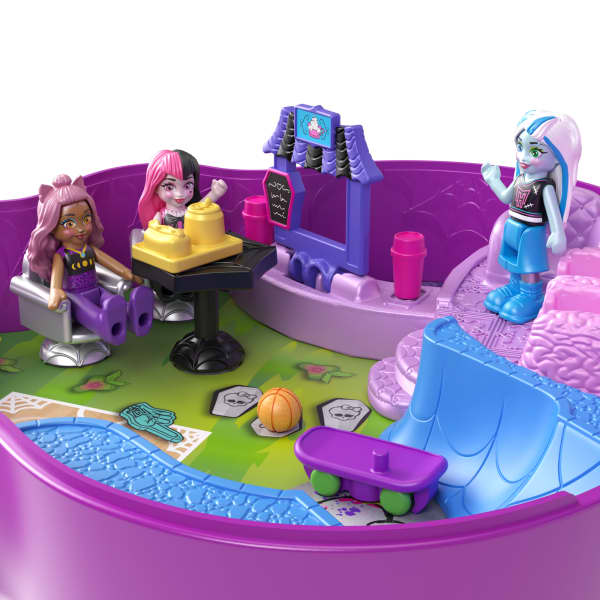 Mattel Polly Pocket Monster High Compact With 3 Micro Dolls & 10 Accessories Opens To High School