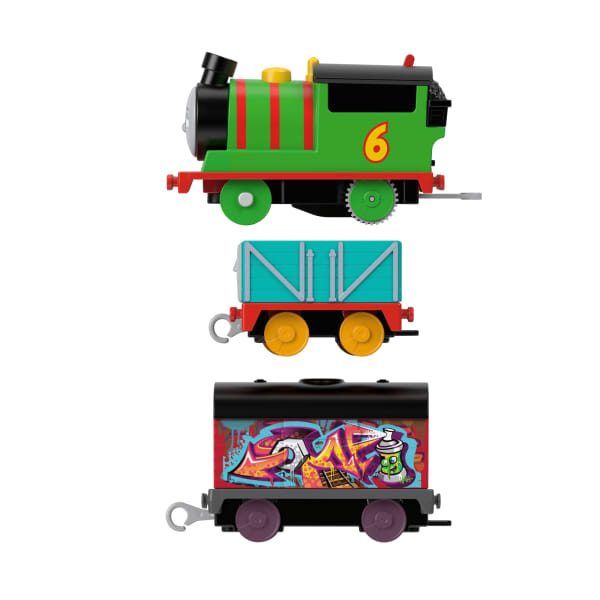 Mattel Thomas & Friends Graffiti Percy Motorized Toy Train Engine With Cargo Cars For Preschool Kids