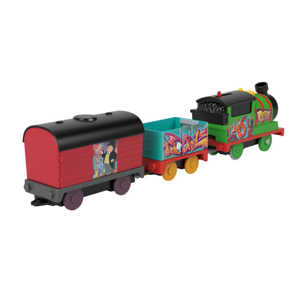 Mattel Thomas & Friends Graffiti Percy Motorized Toy Train Engine With Cargo Cars For Preschool Kids
