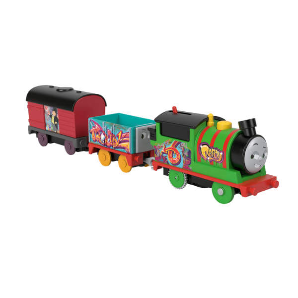 mattel Thomas & Friends Graffiti Percy Motorized Toy Train Engine With Cargo Cars For Preschool Kids