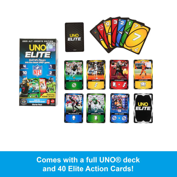 Mattel UNO Elite NFL 2025 Alt Jerseys Edition Booster Set Plus With 40 Elite Action Cards (Players May Vary)