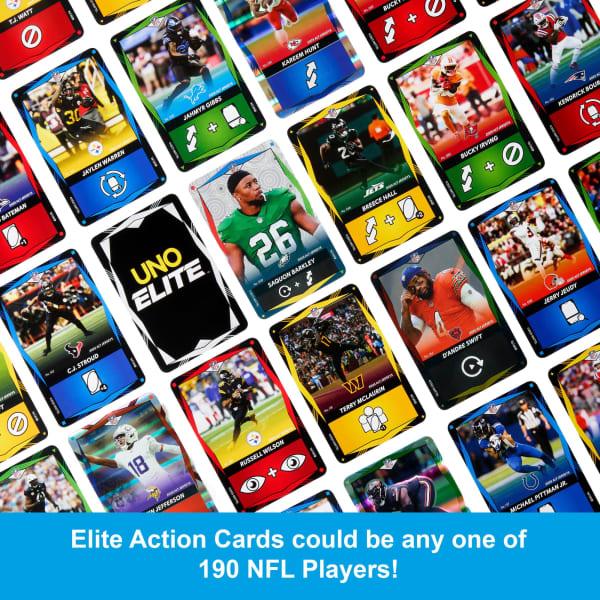 Mattel UNO Elite NFL 2025 Alt Jerseys Edition Booster Set Plus With 40 Elite Action Cards (Players May Vary)
