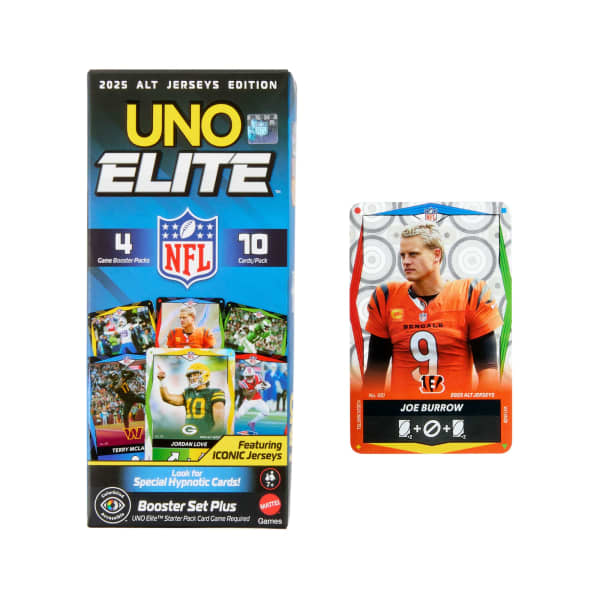 Mattel UNO Elite NFL 2025 Alt Jerseys Edition Booster Set Plus With 40 Elite Action Cards (Players May Vary)