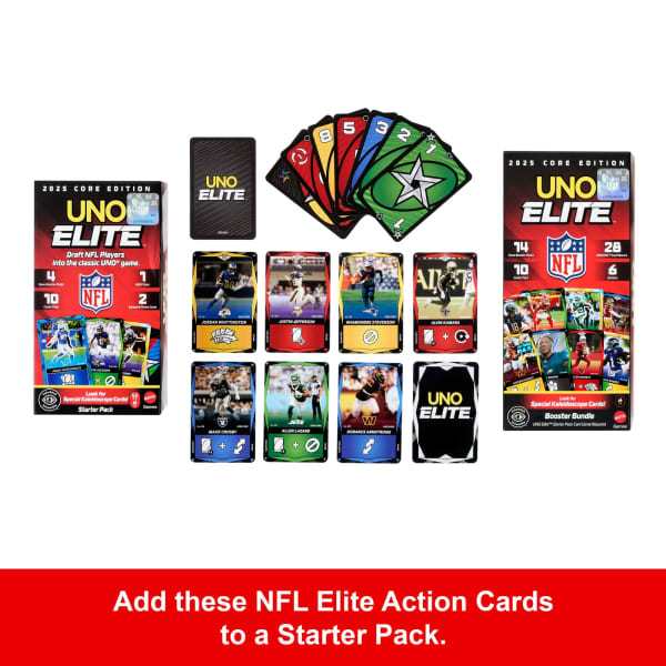 Mattel UNO Elite NFL Booster Bundle Set With 140 Elite Action Cards 2025 Core Edition (Players May Vary)