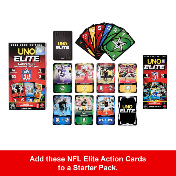 Mattel UNO Elite NFL Booster Set Plus With 40 Elite Action Cards 2025 Core Edition (Players May Vary)