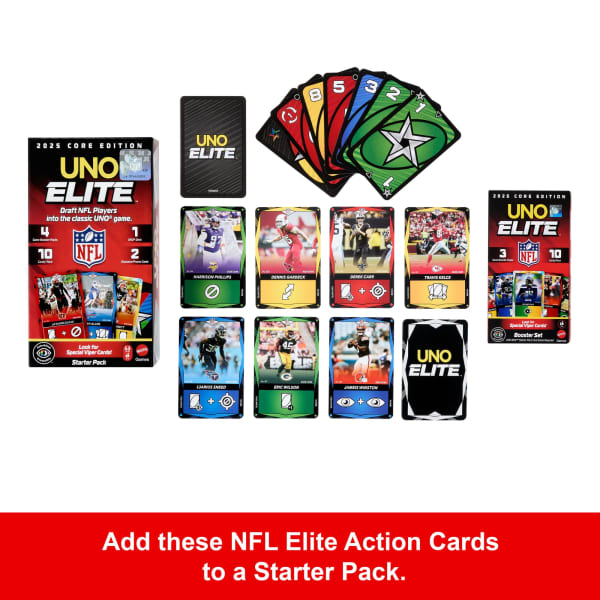 Mattel UNO Elite NFL Booster Set With 30 Elite Action Cards 2025 Core Edition (Players May Vary)