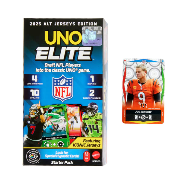 Mattel UNO Elite NFL Card Game 2025 Alt Jerseys Edition Starter Pack With 4 Booster Packs & 2 Promo Cards