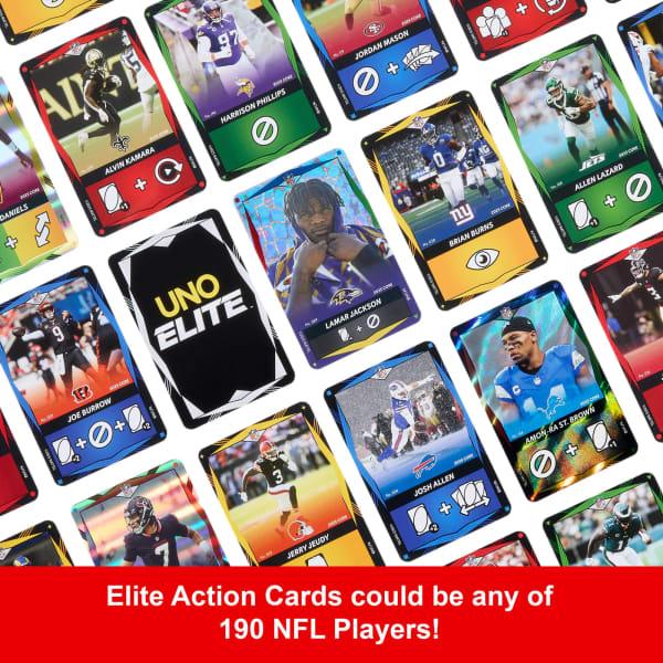 Mattel UNO Elite NFL Card Game 2025 Core Edition Starter Set With Deck 4 Game Booster Packs & 2 Promo Cards