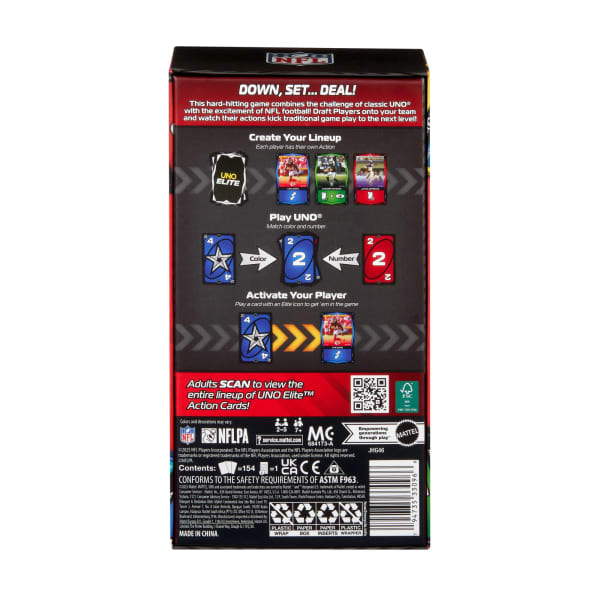 Mattel UNO Elite NFL Card Game 2025 Core Edition Starter Set With Deck 4 Game Booster Packs & 2 Promo Cards