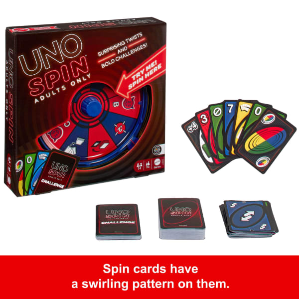 Mattel UNO Spin Adults Only Card Game For Adult Game Nights & Parties With Spin Wheel & Challenges
