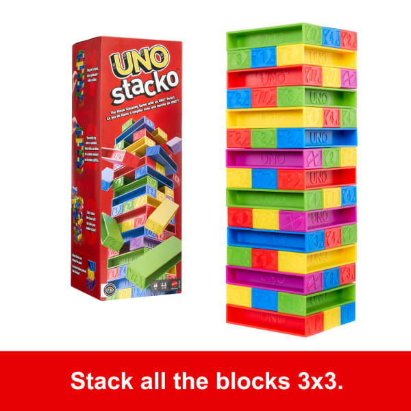 Mattel UNO Stacko Game For Kids & Family With 45 Colored Stacking Blocks & Tray